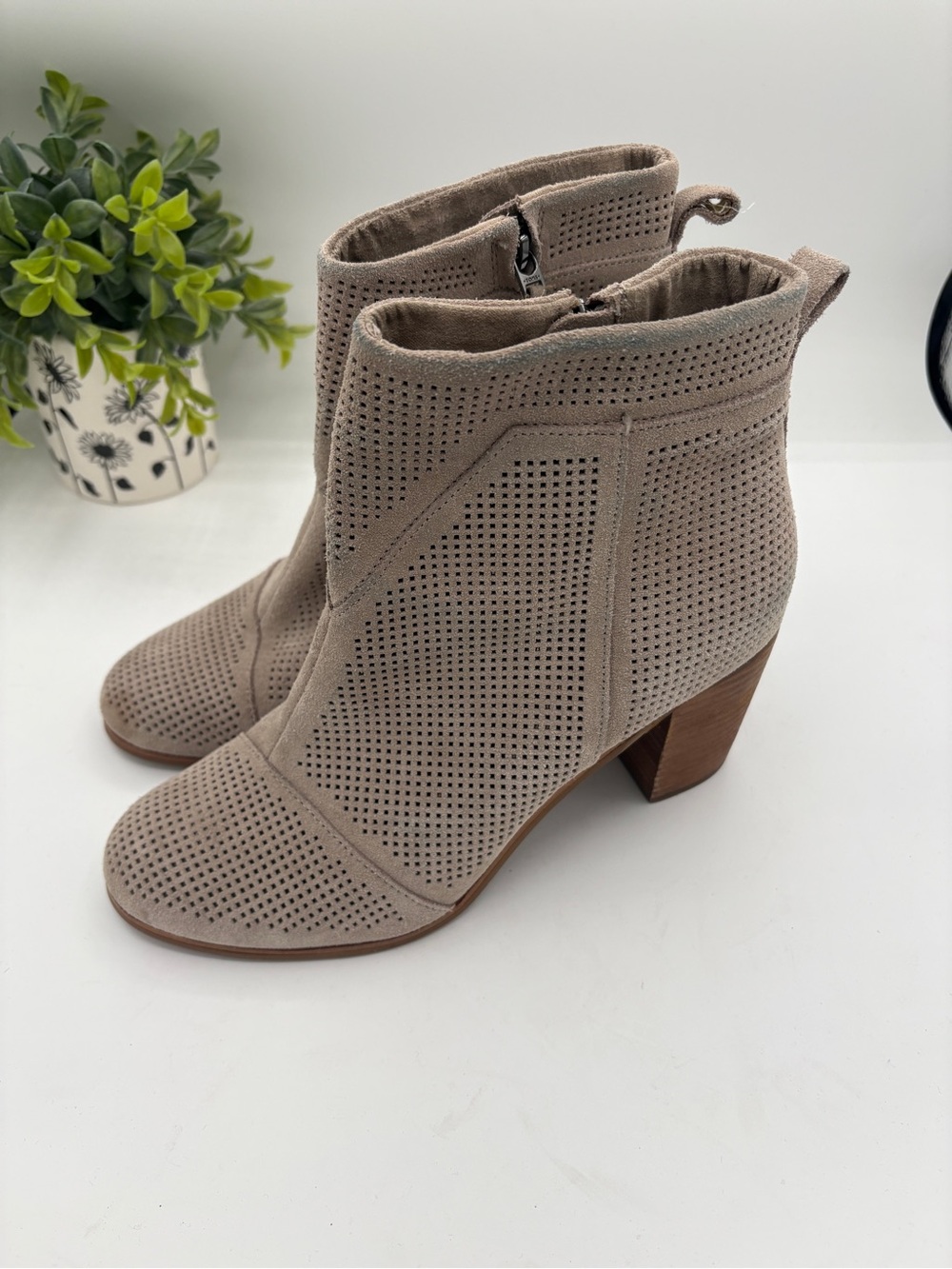Toms Taupe Perforated Suede Ankle Booties